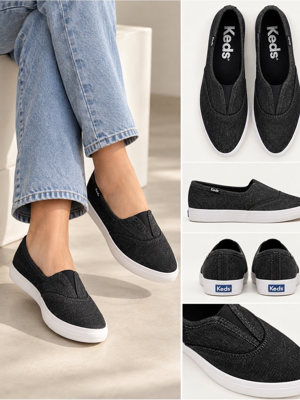 Keds Point Slip Black Denim Platform Sneakers Size 7.5 NWOB